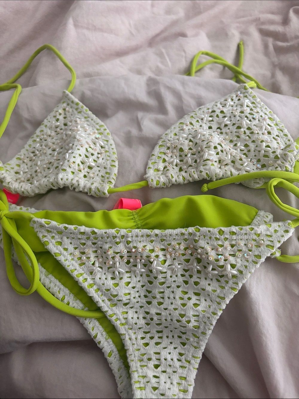 Women’s Crochet Lace Bikini Set - Neon Lime/White Read Listing Please
